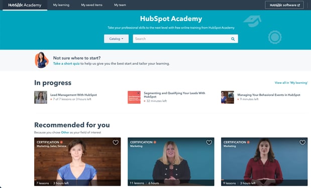 hubspot academy knowledge base landing page featuring a search bar and links to courses