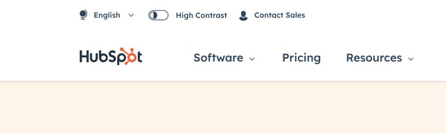 accessibility issues: hubspot's website offers a toggle on the top of the page that reads 'high contrast' and allows users to toggle to find what works for them. 