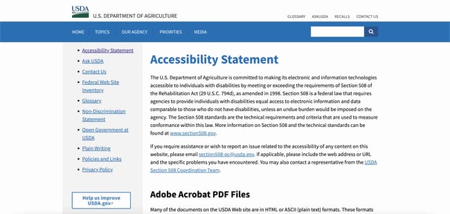Accessibility statements: Shows the US department of agriculture website with the accessibility statement. 