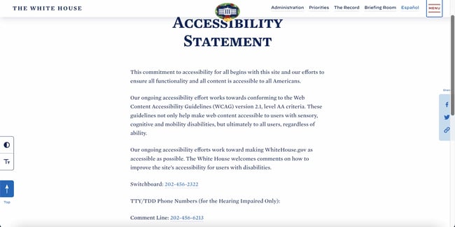 Accessibility statements: Shows the page of the accessibility statement on the US White House website. 