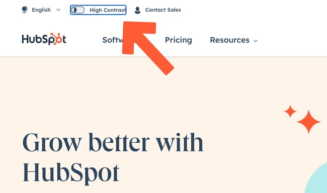 accessible website examples: HubSpot. on the homepage of the HubSpot website, in the top left corner, you can toggle high contrast. 