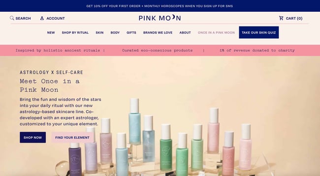 accessible website examples: pink moon has product photography and text with high contrast. 