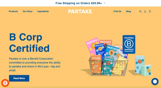 accessible website examples: Partake. image shows homepage with text reading 'B Corp Certified.' 