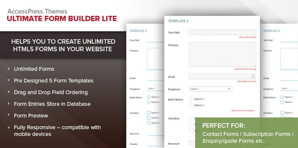 Captura de pantalla del sitio web de Ultimate Form Builder Lite que muestra las opciones de formulario 