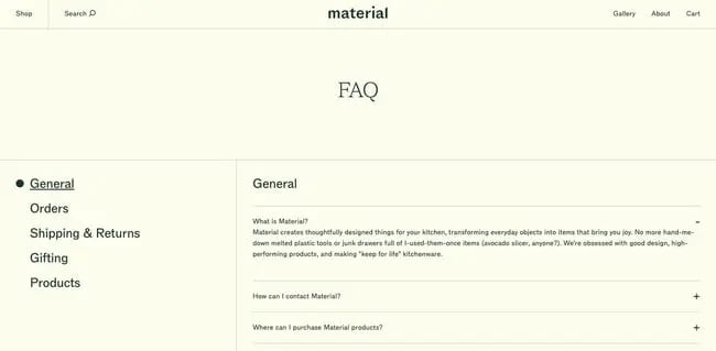 accordion menu example on Material FAQ page