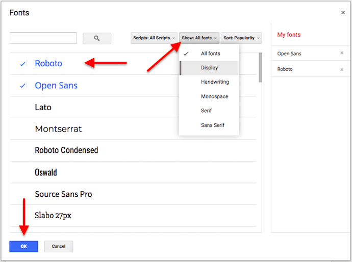 Janela para adicionar fontes em um Documento Google