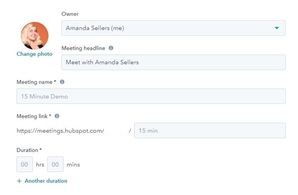 screenshot of meetings tool to add meeting details in hubspot