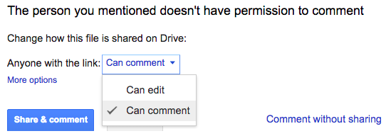 A user's comment permissions in a Google Doc