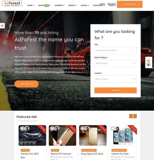 homepage search module demo on adforest classified theme