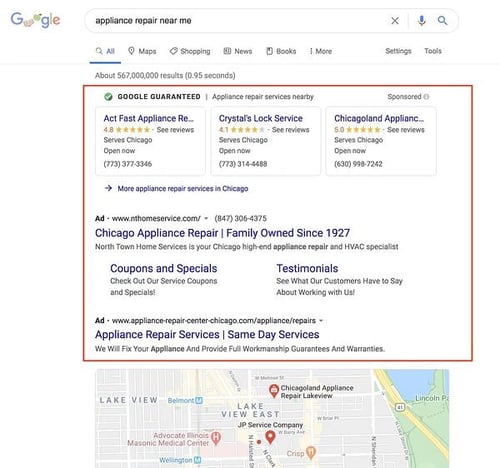 paid search ad example of "appliance repair near me" in the google serp