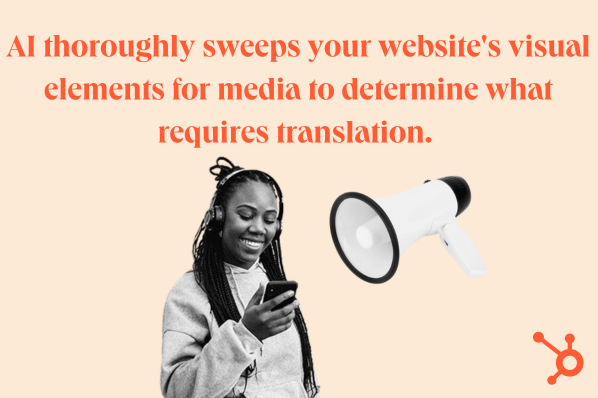 ai-localization-strategy: Image reads: AI thoroughly sweeps your website's visual elements for media to determine what requires translation. image shows a person holding a phone an a megaphone 