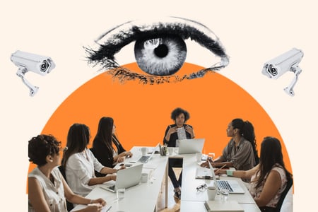 The watchful eye of AI overlooks a table full of office workers