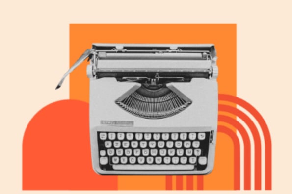 ai website design tools: typewriter image in the middle of a graphic with orange abstract shapes behind it 
