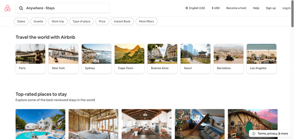 Airbnb, a crowdsourced vacation rental site, home page.