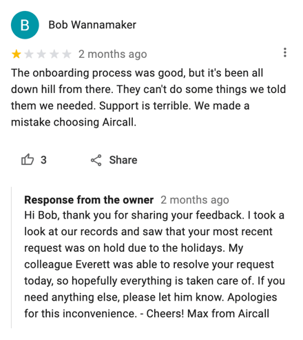 aircall negative customer review example