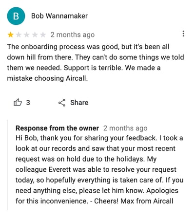 aircall negative customer review example