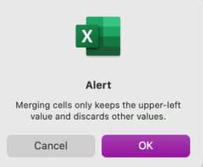 An alert when merging cells in excel