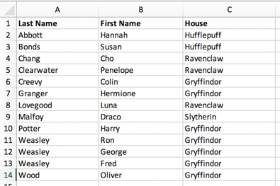 Alphabetized spreadsheet of Harry Potter names and houses in Excel