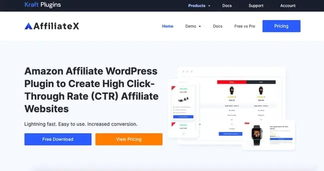 product page for the amazon affiliate wordpress plugin AffiliateX