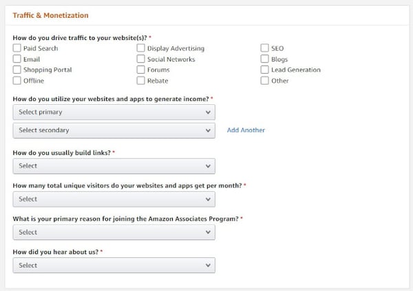 amazon affiliates: traffic & monetization section