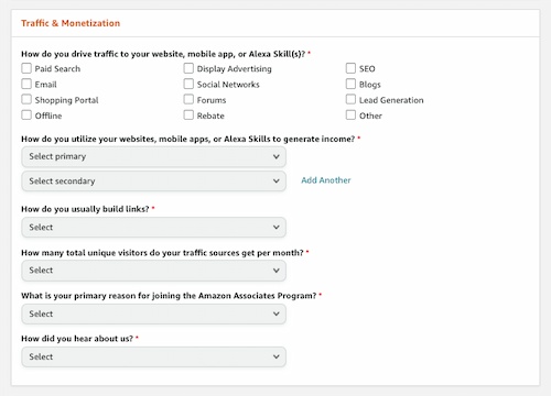 amazon affiliates: traffic & monetization section