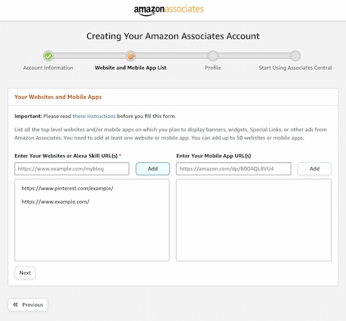 providing your amazon associates account: enter websites and mobile apps