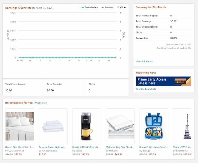 amazon associate homepage and dashboard