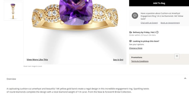 Screenshot of product features of amethyst ring.