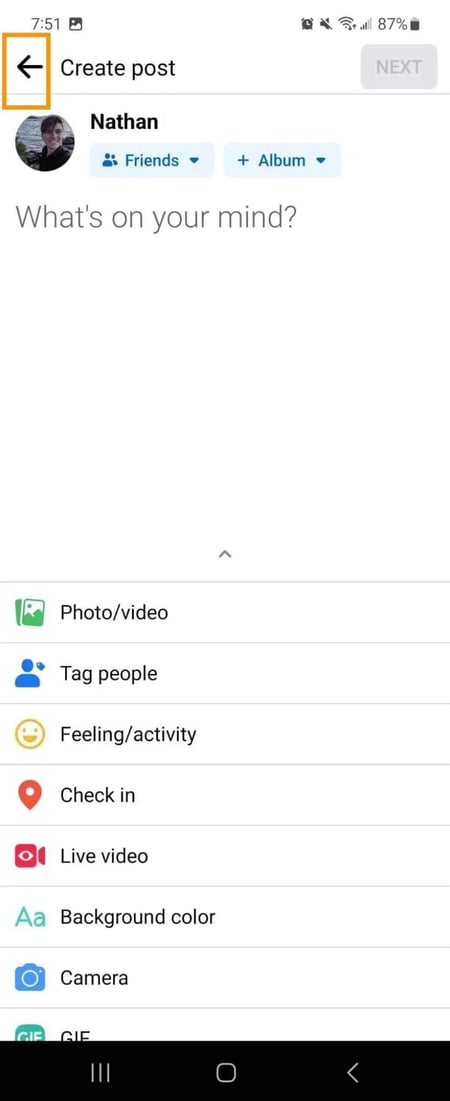 facebook mobile android, back arrow