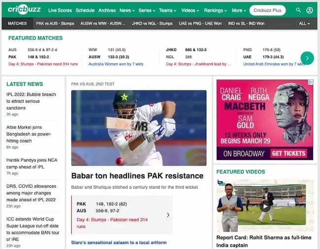 Cricbuzz website built with AngularJS features live coverage of cricket games