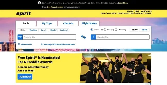Spirit website features search form for booking flights, managing trips, and more
