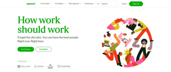 Upwork website built with AngularJS invites users to find talent or find work