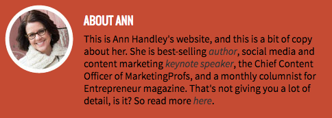 Ann Handley's professional bio on her personal website