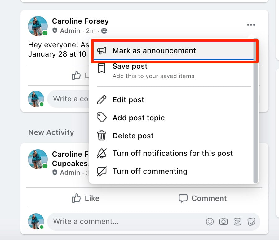 the button to pin a post on facebook