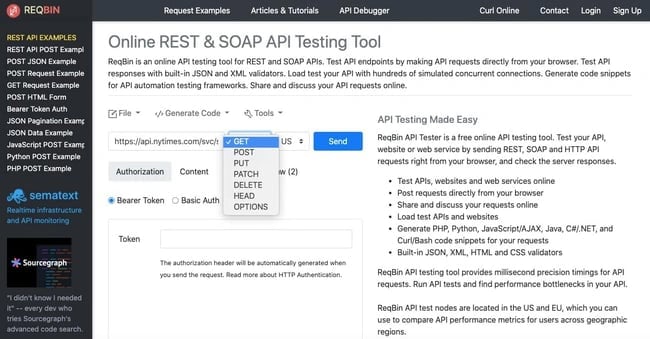 test api calls: select GET method
