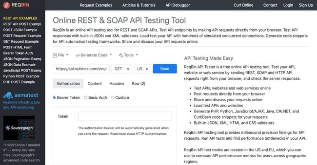 test api calls: enter url of API endpoint