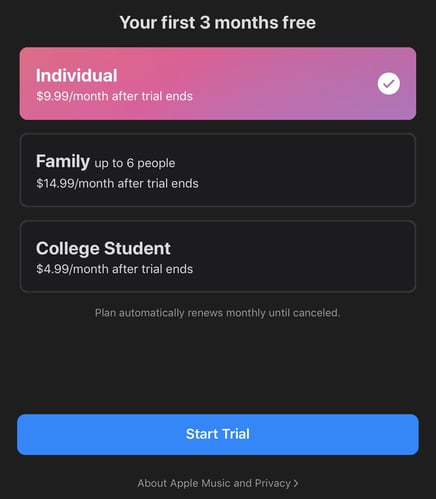 user onboarding examples: apple user onboarding plan selection page