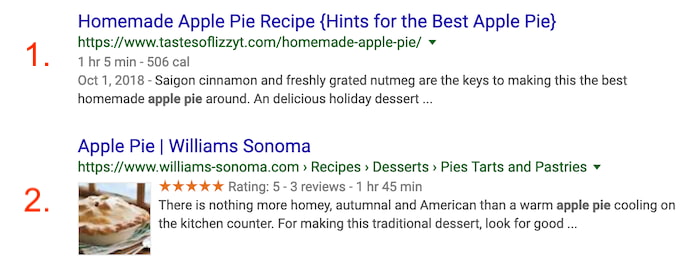 Google rich snippet result about apple pie