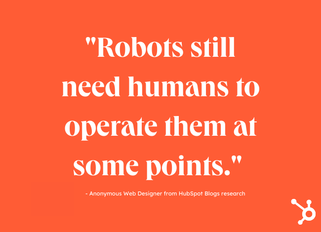 are web designers using AI: image reads "robots still need humans to operate them at some points" in white text against hubspot orange background. quote attributed to anonymous web designer from hubspot blogs research. hubspot sprocket in corner. 
