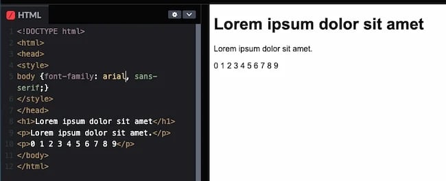 web-safe HTML and CSS fonts code example: Arial