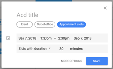 Blauwe knop om de functie Afspraaksleuven in Google Agenda-evenement in te schakelen