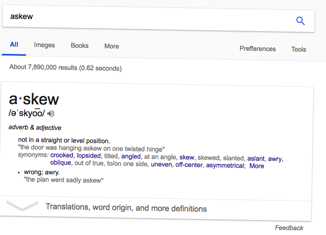 Google Easter egg of 'askew' results page