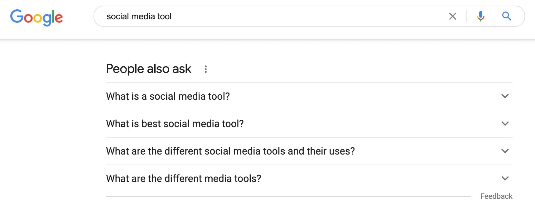 The The People Also Ask section on Google when searching for social media tools to create an audience profile.