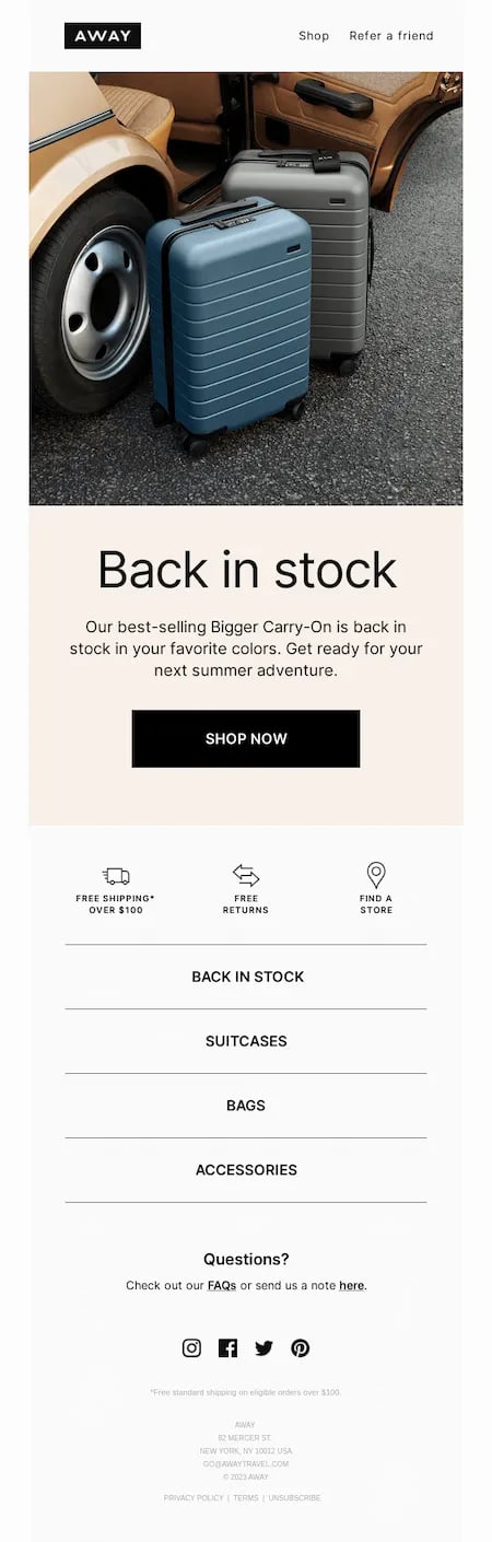 abandoned cart email examples: away