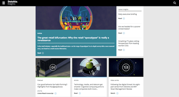 Homepage of Deloitte Insights, a B2B blog