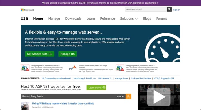 backend tools: Build .net applications on Microsoft’s own Microsoft IIS Web server, specifically for Windows. image shows the Microsoft IIS homepage. 