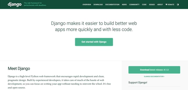 backend tools: Create Python Web applications with the help of back-end tools like Django. image shows Django's homepage. 