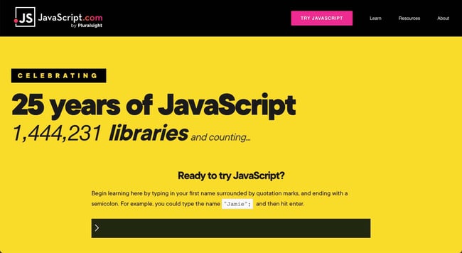 back-end tools: Use JavaScript to build your next Web application with this favorite back-end developer tool. image shows javascript homepage. 