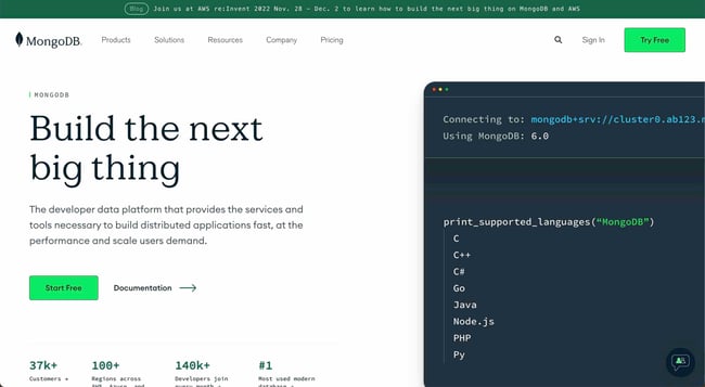 back end tools: MongoDB is an open-source database for back-end developers with growing popularity; backend testing tools. image shows the MongoDB homepage. 