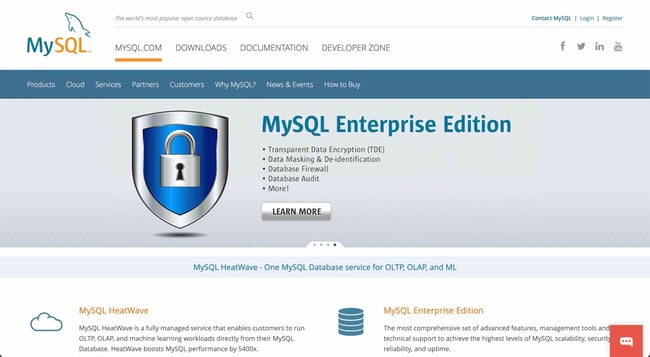 backend tools: One of the most popular back-end Web development tools is MySQL. image shows mySQL homepage. 